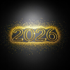 Gold glitter dust arranged around 2026 text on matte surface