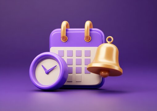 Time and Schedule: A visual representation of scheduling and time management, featuring a calendar, a clock, and a bell, set against a modern, soft background. 