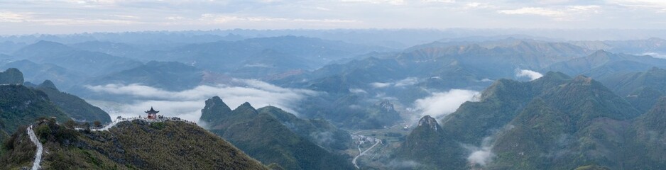 Sea of Clouds Floating Between Karst Mountain Peaks at Dawn in Guangxi China