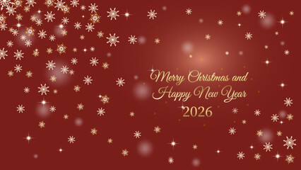 Elegant Red Christmas and Happy New Year 2026 Greeting Card with Golden Snowflakes and Stars