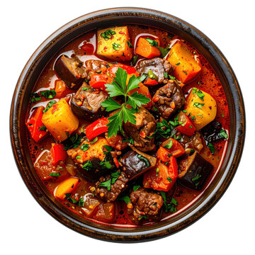Authentic Ghiveci, a traditional Moldovan ratatouille with eggplant and bell peppers, isolated on white background.