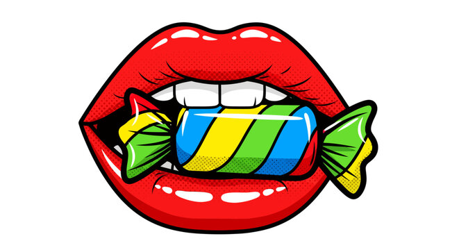 Bold red lips biting into a vibrant candy, pop art style sweetness with a playful edge, ideal for candy ads or retro-themed designs, sweet temptation