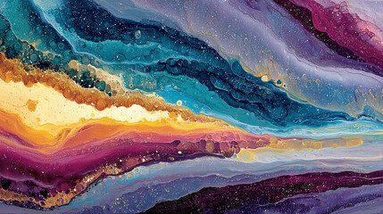 Stunning abstract fluid art with vibrant blues, purples, and gold creates a modern, dreamy, and elegant backdrop that evokes a sense of wonder and possibility, perfect for design projects