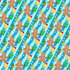 Winter holiday illustration with gingerbread man ,candy canes, star, christmas tree and snowflakes on soft blue background. 