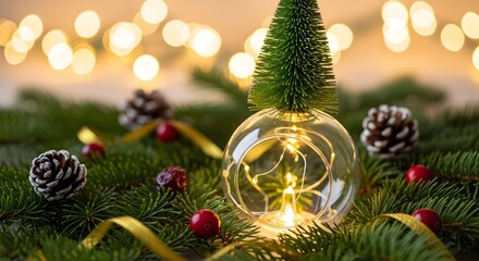 Festive Christmas Ornament Featuring Pine Tree and Twinkling Lights Amidst Pine Branches and Berries with Bokeh Background