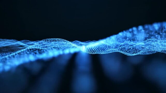 Seamless loop of a deep blue digital wave composed of millions of small illuminated particles flowing across a dark background deep blue, particles, sci-fi