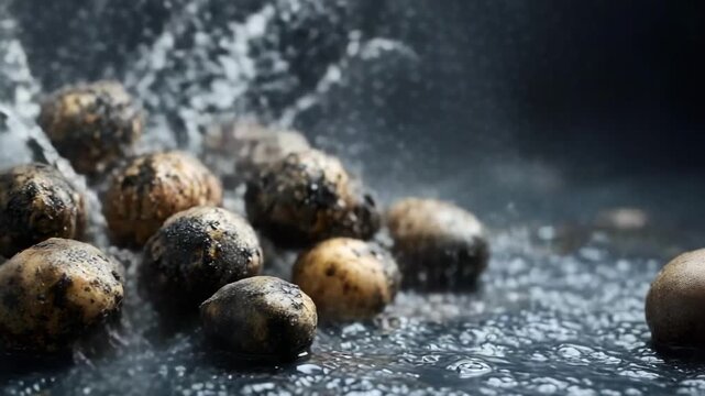 Mud-covered potatoes being washed under a stream of water.