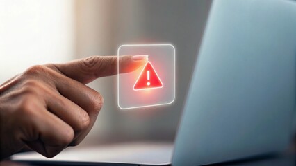 A tight shot of two fingers pinching to zoom on a small, red warning icon within a floating holographic status panel. Urgent, professional mood.