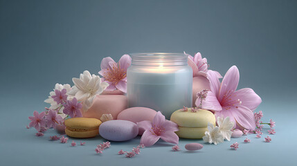 A still life of a candle with flowers and sweets arranged around it, creating a tranquil atmosphere.
