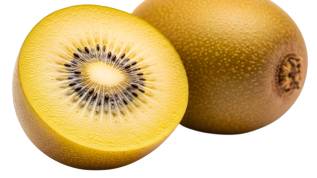 Two golden kiwi fruits one halved isolated on transparent background
