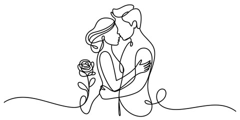 Continuous line drawing of a romantic couple embracing tenderly with a single rose, symbolizing love, connection, and affection. Vector, illustration