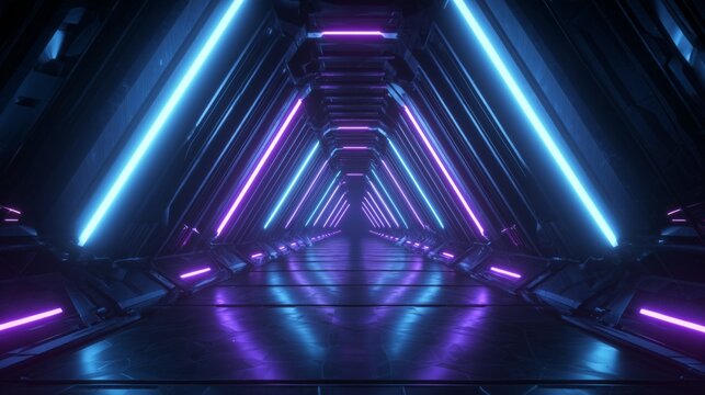 Glowing blue and pink neon lights illuminating a long, dark, abstract futuristic tunnel - Powered by Adobe