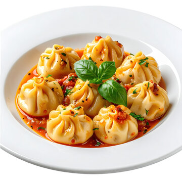 Delectable Idrija likrofi, tender potato dumplings perfect as a side or main dish, professionally isolated on a white background.
