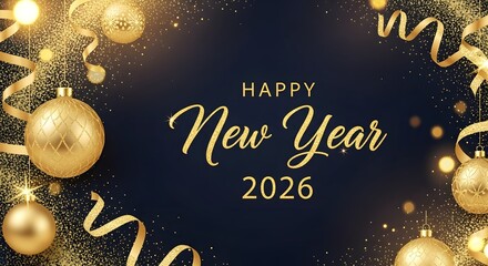A celebratory illustration depicting the New Year 2026 with shimmering gold ornaments, swirling ribbons, and abundant glittering confetti on a deep blue background.