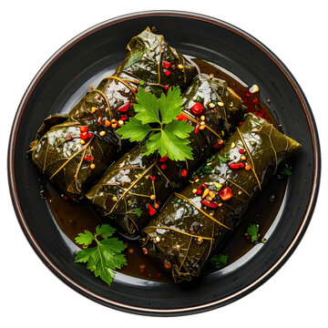 Authentic Bosnian Japrak, grape leaves stuffed with a flavorful meat and rice mixture, isolated on white background.