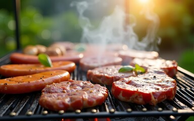 A variety of meats including steaks, sausages, and vegetables sizzle on a charcoal grill under bright sunlight, creating a joyful atmosphere for a summer gathering. High quality