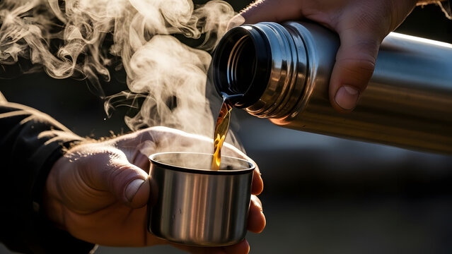 Steaming Coffee Pour: A Warm Drink on a Cold Day, Pouring Hot Coffee: The Perfect Way to Start the Day in Nature