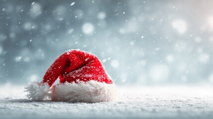 festive snowy winter background with red santa hat and bright seasonal mood