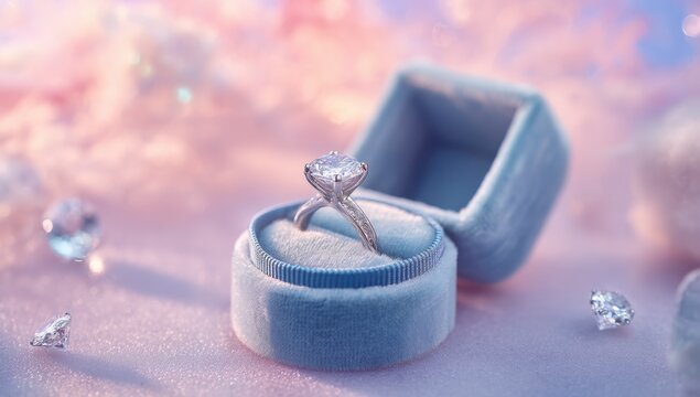 Awaiting Engagement: A glistening diamond ring rests within a plush, velvet box, poised against a backdrop of soft, ethereal clouds, symbolizing promise and everlasting love.