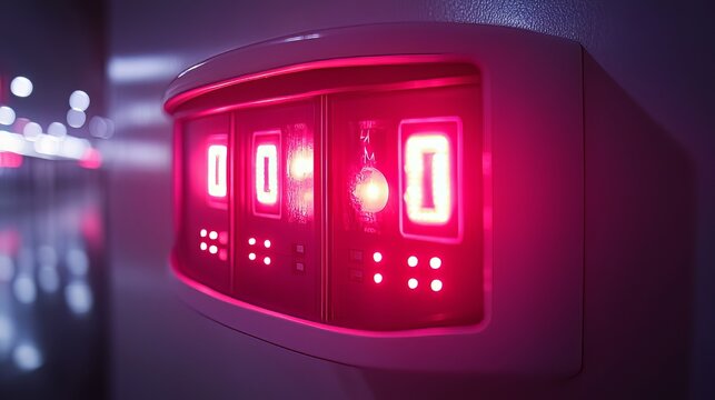 Futuristic display with glowing pink numbers and lights indicating a high tech system interface in a modern setting
