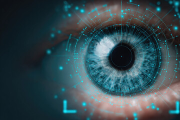 Close up blue human eye with digital iris scanner interface, representing biometric security, technology, and futuristic identification system for secure access and data protection