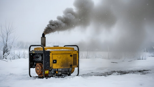 A portable yellow generator is working outdoors, causing air pollution in a snowy environment, Power generator with toxic smoke against snow covered rural scenery, pollution