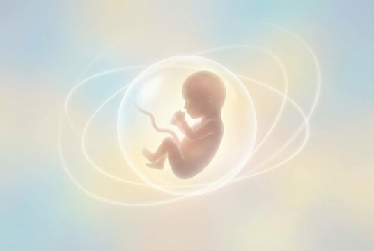 Human embryo developing inside a protective transparent sphere, surrounded by abstract glowing lines, symbolizing the process of pregnancy, fertility treatment, and innovative conception methods
