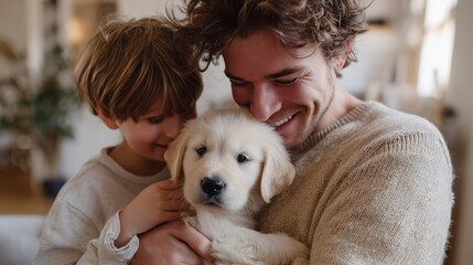 Smiling man cuddles golden retriever puppy with happy child in cozy indoor setting