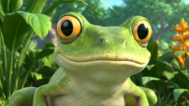 A close-up of a smiling green frog with large, expressive eyes, set in lush green foliage. The background is slightly blurred