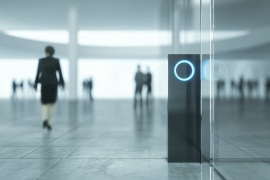Iris scanner security system in modern office building with glass walls, people walking in background, advanced biometric technology for secure access and privacy protection