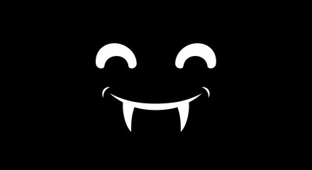 Black background with stylized white vampire fangs and a cute smiley face with glowing eyes