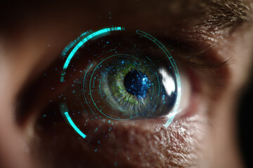 Iris scanner technology enhances eye security with futuristic digital interface, showcasing biometric identification and advanced data protection in close up human eye image