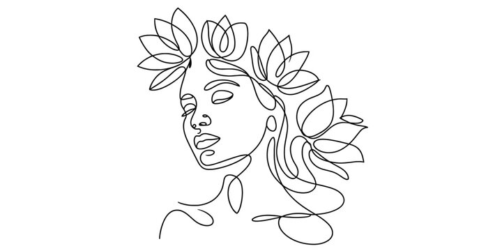 Continuous line art portrait of a serene woman with closed eyes and delicate facial features, adorned with elegant floral elements in her hair, a minimalist design. Vector, illustration