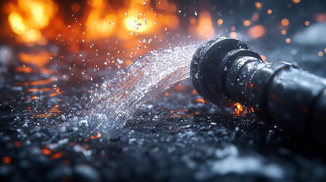 Water gushing from a pipe against a fiery background creates a dramatic contrast of elements and textures in a highresolution image
