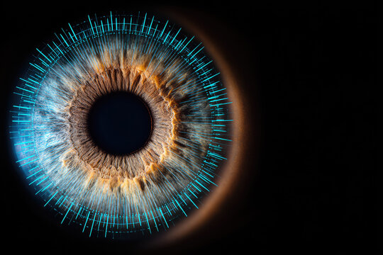 Iris eye scanner security concept with digital blue lines and glowing details showing biometric technology for secure identification and futuristic access control