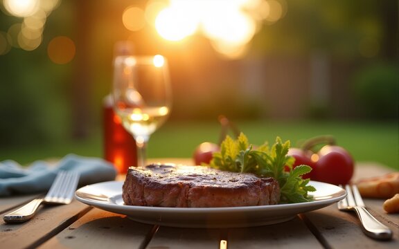 summer family BBQ dinner in garden at sunset time, close up steak dish on wooden table desk. High quality - Powered by Adobe