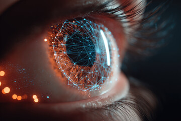 Iris eye scanner security technology with digital network pattern glowing on human eye surface showing futuristic biometric identification and advanced protection concept