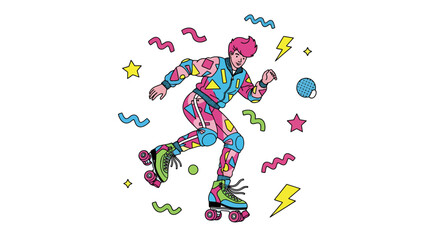 Get ready to groove with this fun, retro roller skater illustration that brings a vibrant 80s vibe to your projects with playful shapes and colors