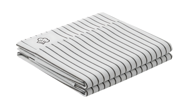 A folded white kitchen towel with black stripes and a chef hat logo on a white background is displayed