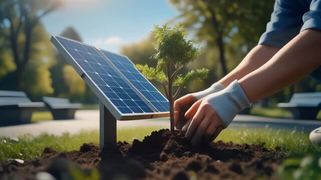 Person planting a small tree next to a solar panel in a park image photo