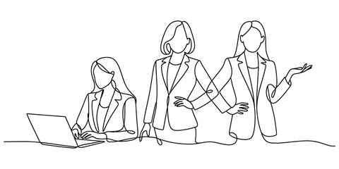 Businesswomen continuous line art drawing of a professional team collaborating, one working on laptop, others standing with confident pose. Vector, illustration