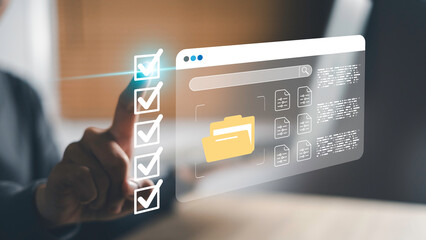 Pointing at digital interface with checklist and folder icons, representing digital document...