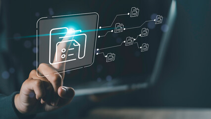 Hand touching digital folder icon with connected files, illustrating document workflow, data sharing, and streamlined digital file management for efficient business communication and collaboration.
