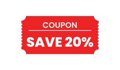 Red coupon with text save 20 percent discount offer