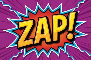 Vibrant comic book style zap sound effect graphic with bold yellow text and red burst against a purple starburst background