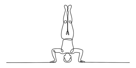 Continuous line drawing of a person performing a yoga headstand pose, showcasing balance, strength, and mindful wellness artwork. Vector, illustration