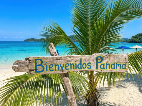 A wooden sign welcomes visitors to Panama, showcasing a beautiful beach scene with palm trees and clear blue water.