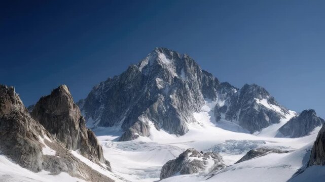 Snowy alpine mountains with a towering jagged peak and a glacier in the valley beneath a clear blue sky.