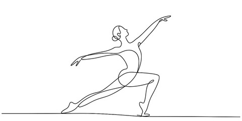 Elegant continuous line art drawing of a graceful ballet dancer in a dynamic, artistic pose, celebrating movement, art, and performance expression. Vector, illustration
