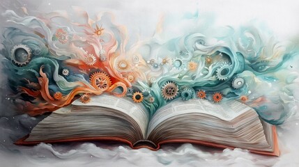 An open book with colorful swirls, gears, and artistic elements, creating a visual representation of knowledge and imagination.